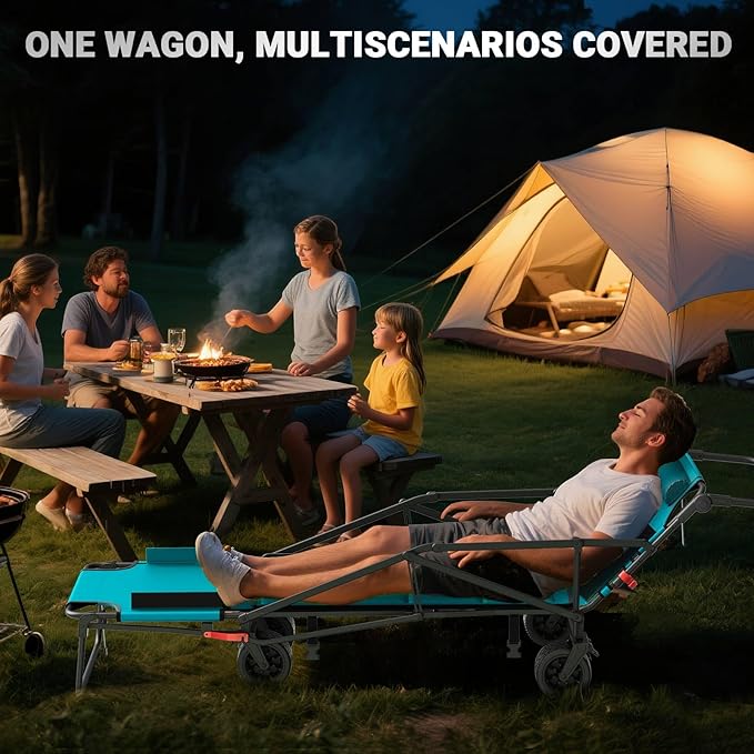 LEVELEVE Heavy Duty Folding Wagon - 2-in-1 Collapsible Cart, 650lb Capacity, All-Terrain Wheels w/Brakes & Side Pockets (Azure Blue)