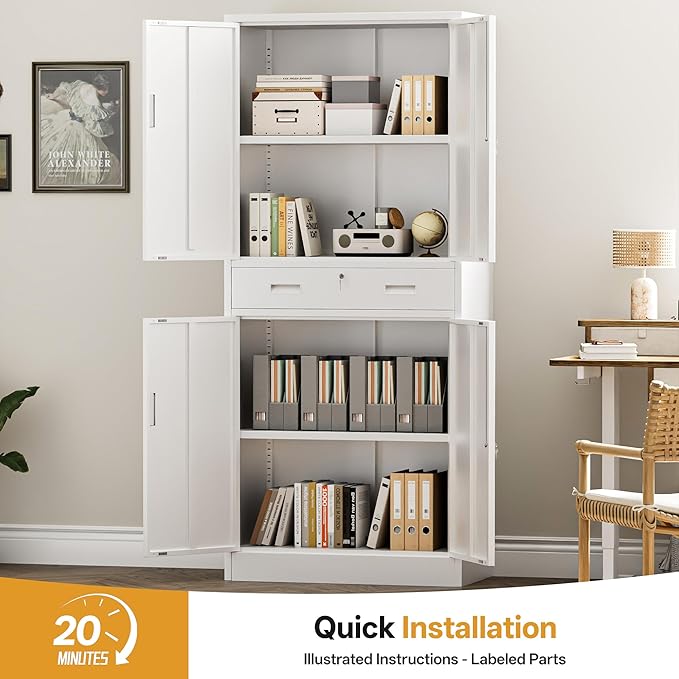 Metal Storage with 1 Drawer, 71" Cabinet with 4 Locking Doors and 2 Adjustable Shelves, Steel Storage File Cabinet for Pantry, Kitchen, Office, Garage (White)