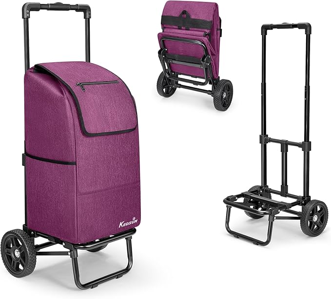 KEDSUM 2 in 1 Shopping Cart for Groceries, 330 lbs Grocery Cart on Wheels, Foldable Utility Carts with Wheels, Load-Bearing Hand Truck with Waterproof Bag for Shopping,Camping,Laundry,Garden, Purple