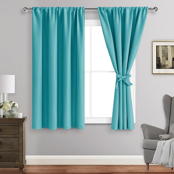 JIUZHEN Blackout Curtains for Bedroom - Thermal Insulated Room Darkening Rod Pocket Short Curtains for Living Room, Set of 2 Panels with Tiebacks, 42 x 45 Inch Length, Turquoise
