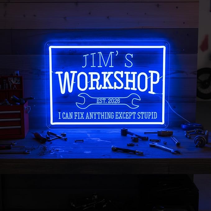 Large Custom Workshop Neon Sign for Wall Decor, Personalized 3D Engraved Garage Name LED Acrylic Sign, Customized Dimmable Neon Lights for Garage, Tool Room, Carport & Man Cave, Gifts for Dad Father Husband Grandpa