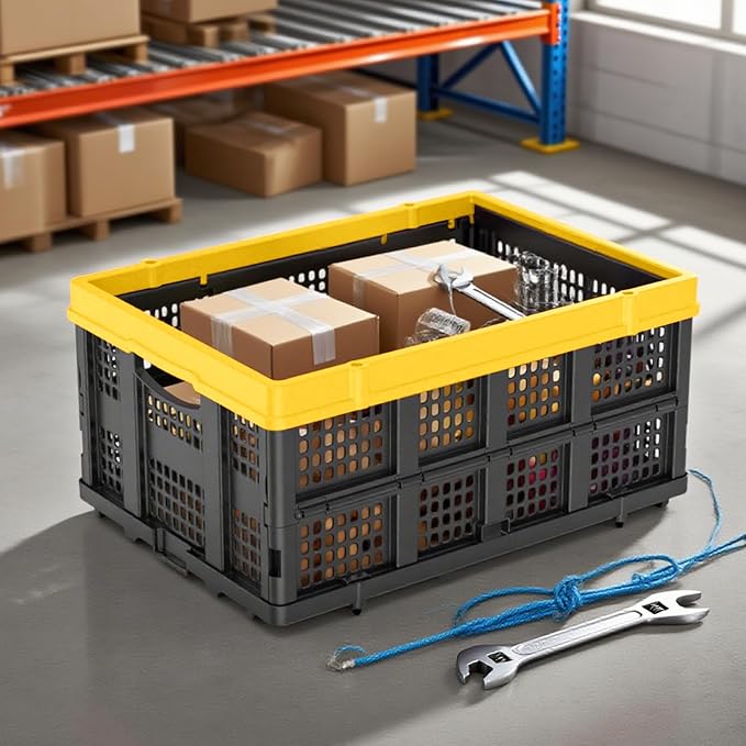 49L Collapsible Crate, Milk Crate for Storage, Foldable Storage Crate, Stackable Crate for Organizing for Home, Shopping, Camping, School, Office, Warehouse, Yellow
