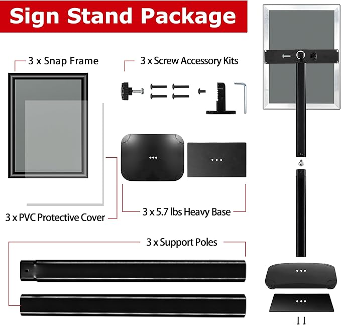 3 Pack Heavy Duty Sign Holder Stand 11x17 Inch - Pedestal Floor Standing Sign Holder with Weighted Base - Vertical & Horizontal Poster/Menu Display Stands for Indoor/Outdoor Advertising, Black