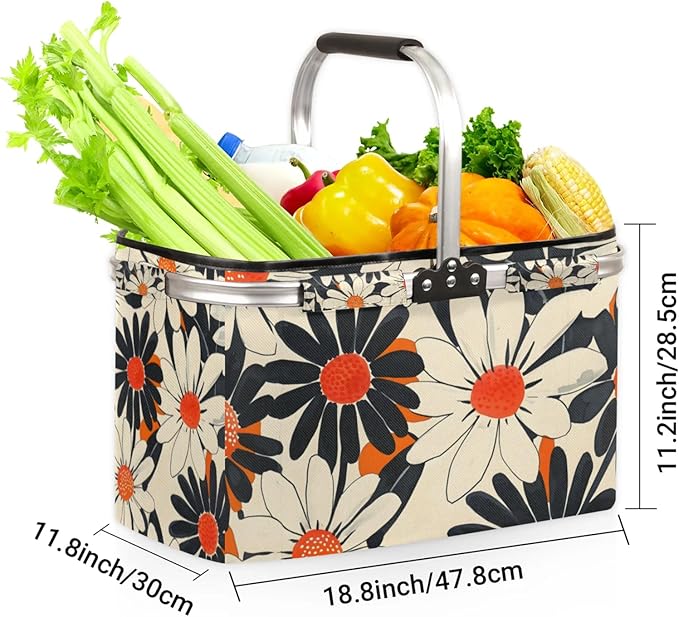 Collapsible Picnic Basket with Handle, Shopping Basket Aluminum Frame, Grocery Basket Tote for Women, Farmers Market Basket, Harvest Baskets Camping Travel Portable Beach Bag (Flower Orange)