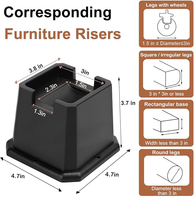 shouwuhho Bed Risers 3 inch, Furniture Risers Elevation in Heights 3 Inch Heavy Duty, Bed Lift Risers for Caster Wheels or Posts of Bed Table Couch, Support up to 6000 lbs, Black, 6 Pack