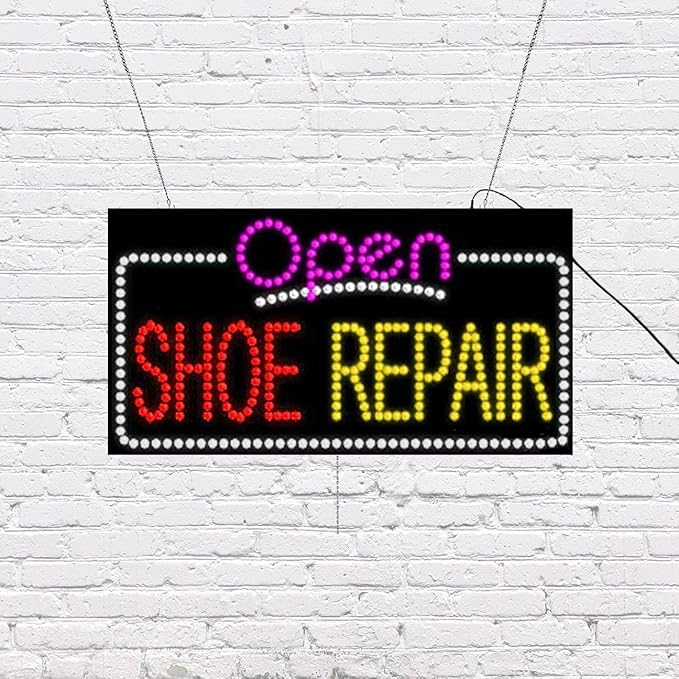 LED Open Shoe Repair Sign for Retail Business Displays | Advertising Electronic Light Up Sign for Windows Walls | 17"h x 31"w x 2"d