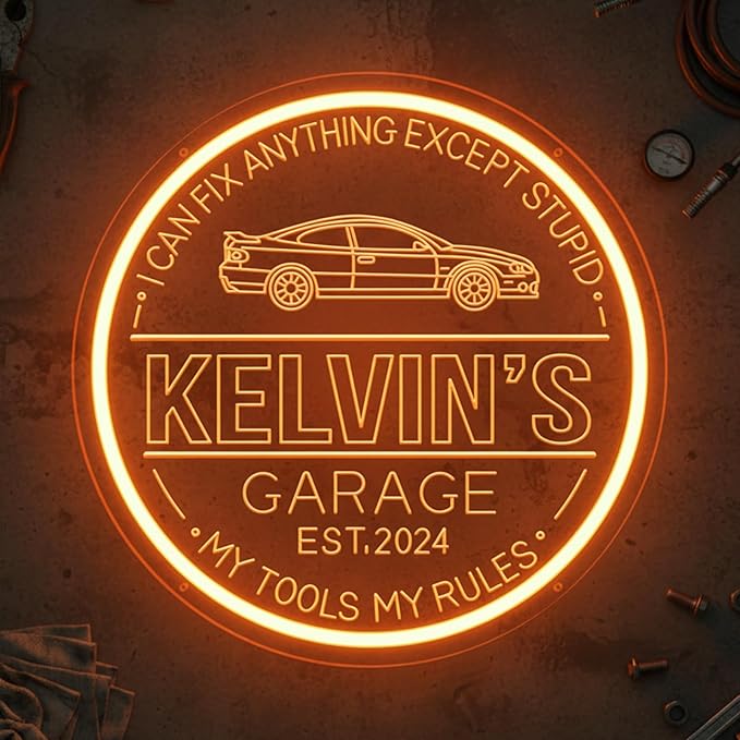 Custom Garage Neon Sign for Wall Decor, Dimmable Personalized Mechanic Garage Sign with Remote Control, Customized Name Light Up Sign for Auto Shop, Workshop, Man Cave, Gift for Men Dad