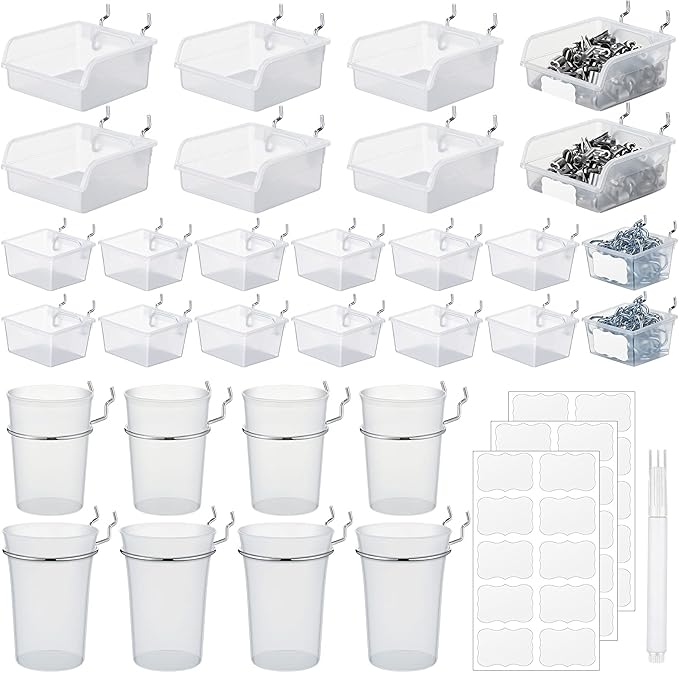 Sieral 64 Pieces Pegboard Bins Pegboard Cups with Hooks and Loops Peg Hooks Assortment Organizer Accessory for Organizing Accessories Tools Storage Office Workshop Garage Workbench (Transparent)