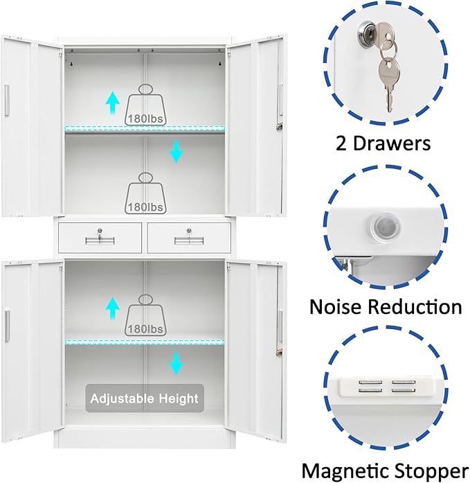 BESFUR 71“H Metal Storage Cabinet with 2 Lockable Drawers and 2 Lockable Doors, Metal Cabinet with 2 Adjustable Shelves, Locking Cabinet for Garage, Office, Classroom - White