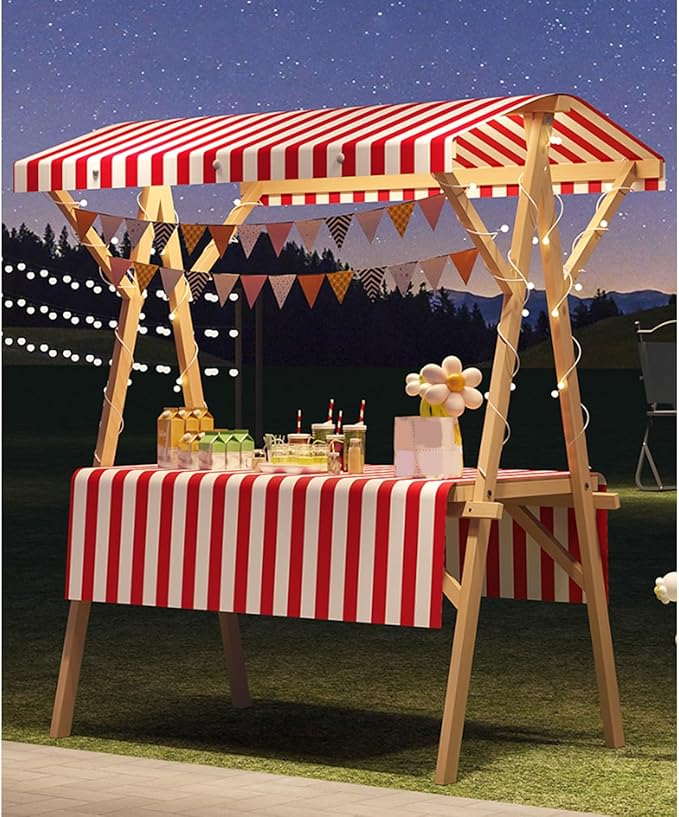 Collapsible Wooden Food Cart with Wheels, Heavy Duty Mobile Vendor Stand for Farmers Market, Snacks, Desserts and Street Kiosk(Red,120cm/47.2in)