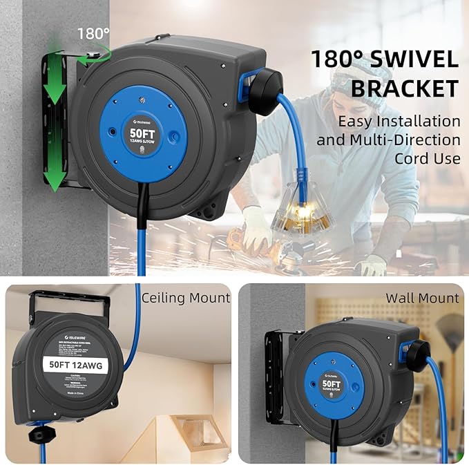 50 FT Retractable Extension Cord Reel, Heavy Duty 12AWG/3C SJTOW Power Cord, Lighted Triple Tap, 15A Circuit Breaker, Wall/Ceiling Mount Electric Cord Reel for Garage & Workshop, ETL Listed, Blue