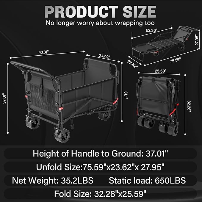 LEVELEVE Heavy Duty Folding Wagon - 2-in-1 Collapsible Cart, 650lb Capacity, All-Terrain Wheels w/Brakes & Side Pockets