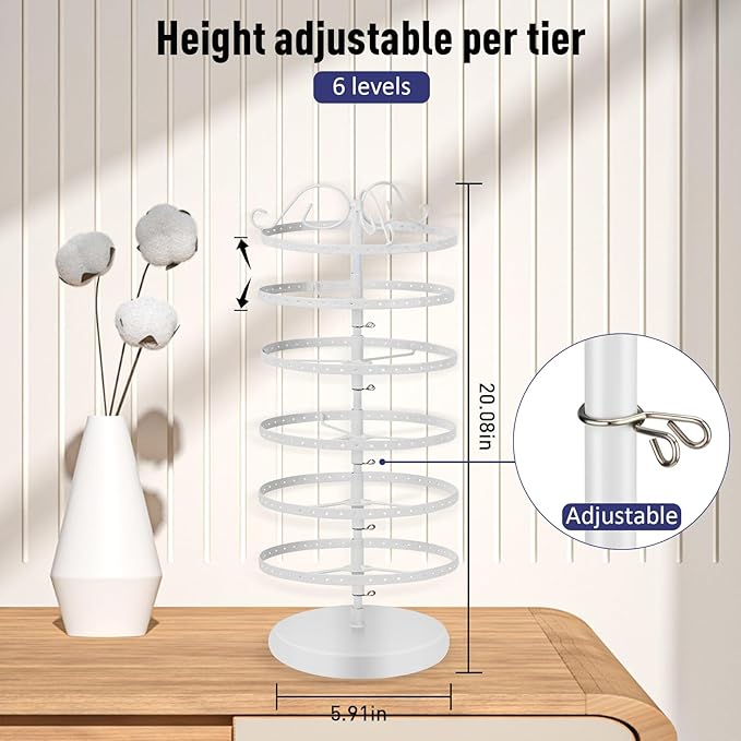 6 Tier 360 Rotating Earring Holder Organizer Stand, Jewelry Tree Rack, 264 Holes Display Storage for Stud Hoop Earrings, Vintage Metal Design, Space Saving Table Decor