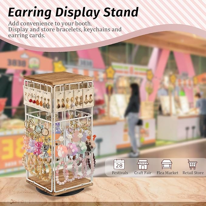 360 Rotating Earring Display Stands for Selling, Earring Rack Display Holder Stand, Jewelry Display for Vendors Selling Earring Cards, Necklaces, Bracelets, Hair Accessories (48 Hooks)