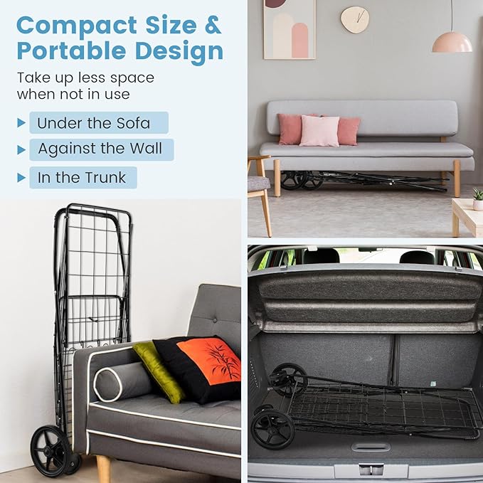 COSTWAY Folding Shopping Cart, Metal Grocery Cart with Extra Basket, 360° Swiveling Front Wheels & Comfortable Handle, Light Weight Collapsible Utility Cart for Laundry, Camping (Black)