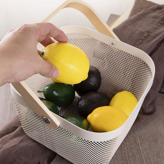 IBWell Square Metal Wire Woven Fruit Storage Bowl Basket with Wooden Handle, Large Black Mesh Fruit Stand, Multi-function Hanging Kitchen Baskets (White, Normal 4PCS)