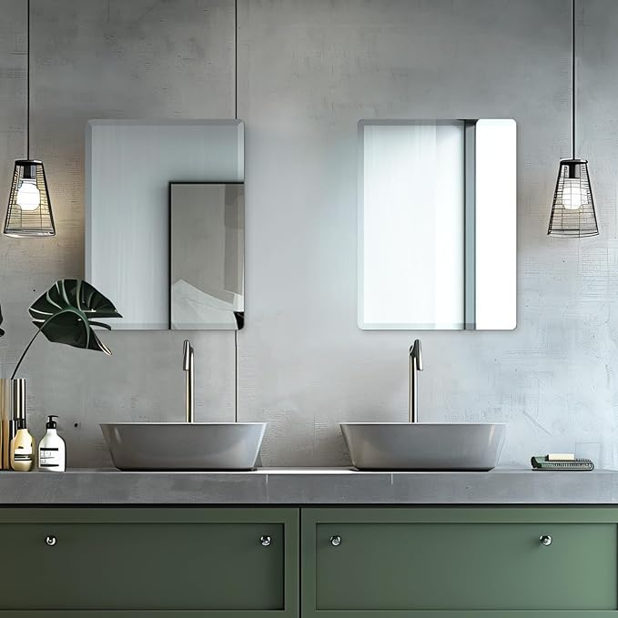 Mirrorons Beveled Mirror, Wall Mirror 18" x 24", Frameless Rectangle Bathroom Mirror with Beveled Edge, Hangs Horizontally or Vertically. Rounded Corner Tempered