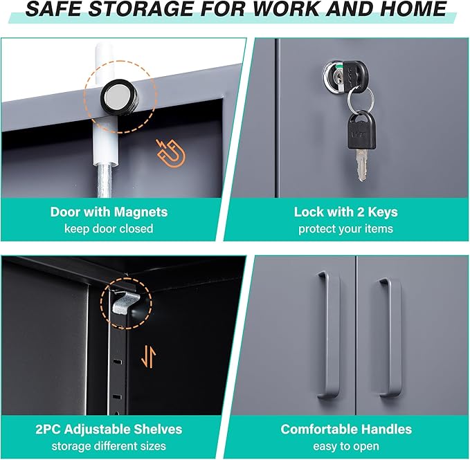 SISESOL Storage Cabinet with Doors and Shelves,36 inch Metal Storage Cabinet with Locking Doors,Small Metal Cabinets with Lock,Gray Garage Cupboard for Home Office,Garage,Shop