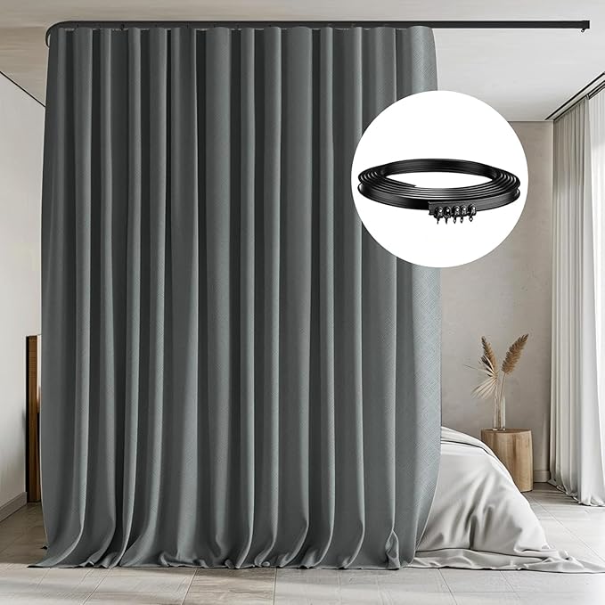 Room Divider Curtains with Flexible Ceiling Tracks Set,Blackout Curtain Ceiling Mount Curtain Track Privacy Room Dividers Ceiling Track Curtain Rod(Dark Grey Drape & Black rail W 12.5 × H 8 FT)