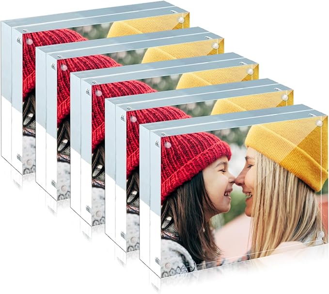 ILYXY 5 Pack Acrylic Frame 8x10, 20% Thicker, 24mm Thick Frameless Clear Picture Frame, Double Sided Magnetic Photo Frame, Free Standing Desktop Display Stand Acrylic Picture Frames