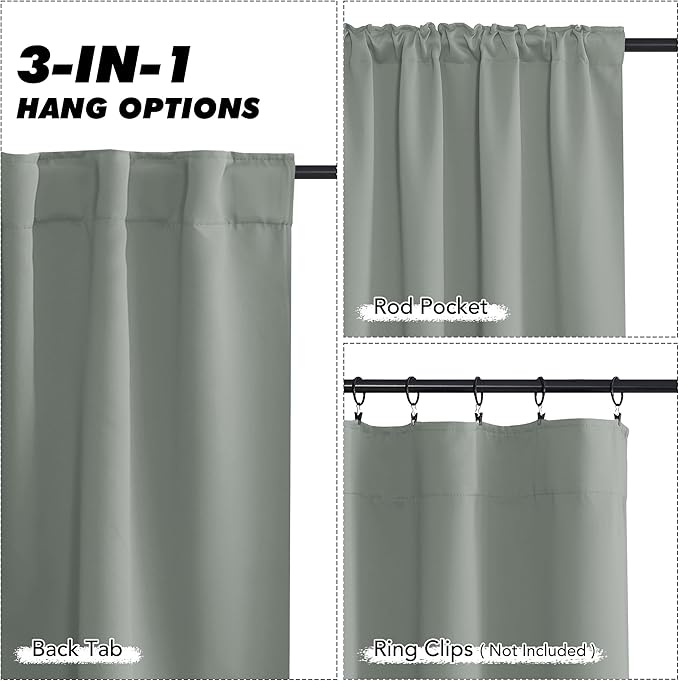 KGORGE Grayish Green Small Window Curtains, Privacy Thermal Insulating Drapes Light Blocking Room Darkening Energy Saving Curtains for Bedroom Kitchen, Back Tab Rod Pocket, W52 x L45, 2 Panels