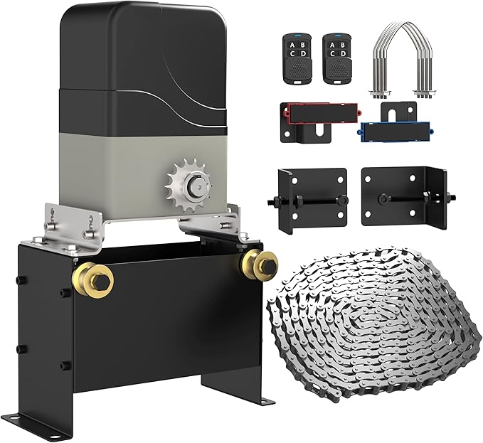 Blütezeit 1100lb Sliding Gate Opener with Infrared Safety Sensor| Chain Drive Motor with 2 Remotes & 16.4ft Chains, Safety IR Beam