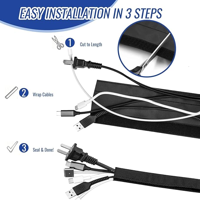 3/4" - 6.6FT Hook and Loop Cable Sleeve, Dog Cat Cord Protector Waterproof Split Sleeving for USB Computer Office Automotive Audio Cables - Protects Cables from Pets Chewing - Black