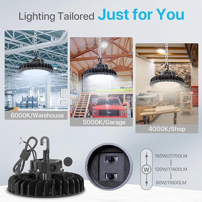 HYPERLITE LED High Bay Lights 150W 21,750lm 5000K 1-10V Dimmable UFO Led High Bay Light UL Listed 5' Cable High Bay Led Lights Alternative to 650W MH/HPS for Gym Factory Warehouse 4-Pack
