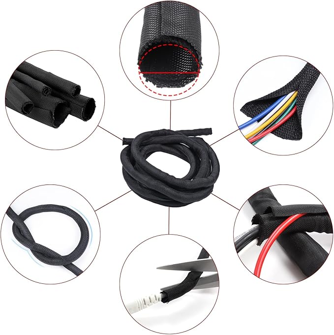 Black Braided Cable Management Sleeves Wire Loom Tubing Cord Protector Self-Wrapping (1/2"-30Feet)