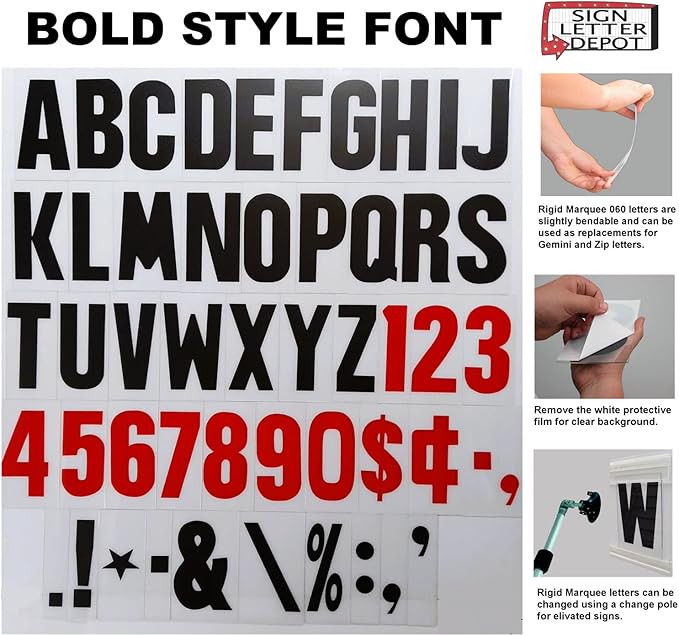 8” on 10 inch Marquee Sign Letters for Outdoor Signs, the 8" Letter printed on 10" high .060 mill thick Rigid acrylic panel, for Reader Boards Signs, Black Letters, Red Numbers, Sign Letter Depot