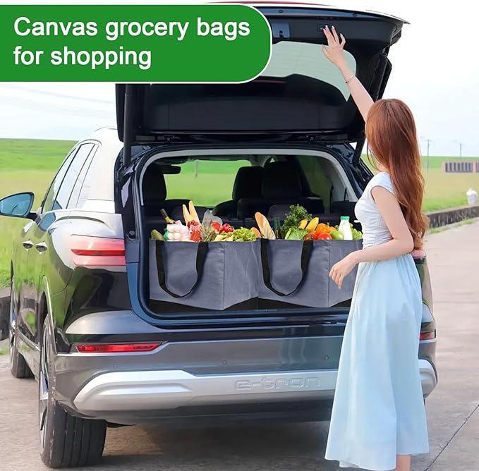 Canvas Reusable Grocery Bags Heavy Duty, 8.3 gal Foldable Large Tote Bag with Handles, Holds 60 lbs Canvas Shopping Bags, 3 Pack
