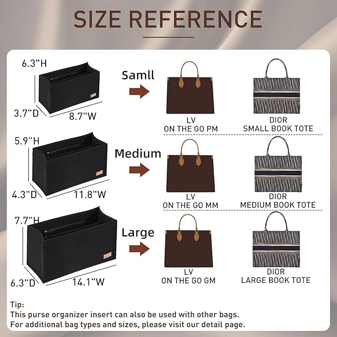 Doxo Purse Organizer Insert, Felt Tote Organizer Insert with Zipper, Bag Liner Perfect for L Onthego MM 35 & D Book Tote Medium (Grey-With Cover)