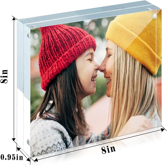 ILYXY 2 Pack Acrylic Frame 8x8, 20% Thicker, 24mm Thick Frameless Clear Square Picture Frame, Double Sided Magnetic Photo Frame, Free Standing Desktop Display Stand Acrylic Picture Frames