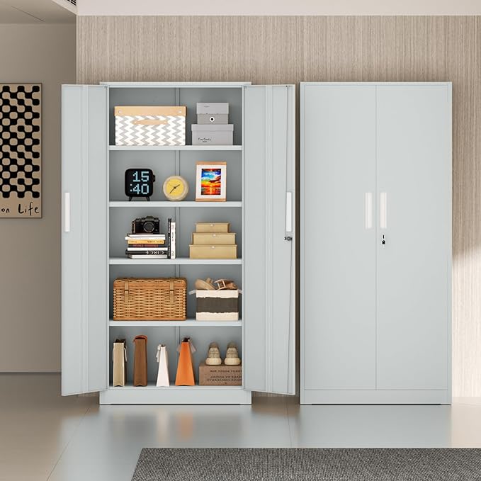 Incbruce 72” Metal Storage Cabinet, Locking Steel Storage Cabinets with 2 Doors and 4 Adjustable Shelves, Tall Lockable Tool Storages for Garage, Home, Office (Grey)