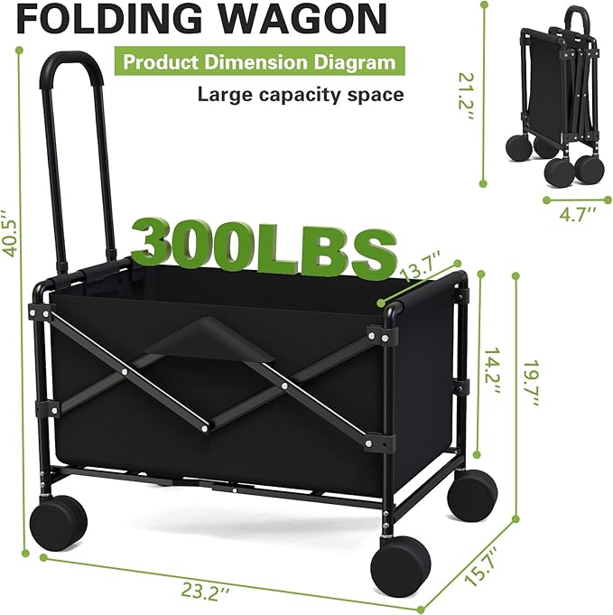 Collapsible Folding Shopping Cart, Portable Foldable Wagon with 220lbs Large Capacity, Collapsible Utility Wagon Cart for Shopping, Grocery, Camping, Gardening