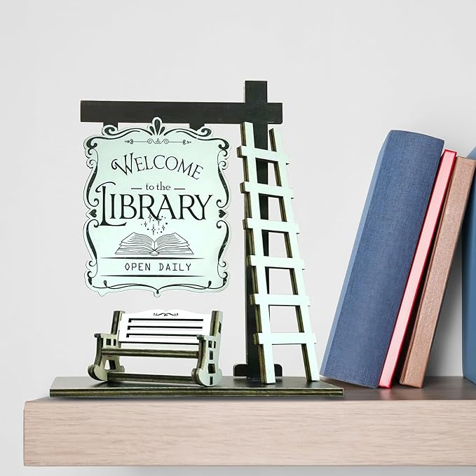 Welcome to the Library Sign Miniature Signpost Self-standing Kit, Mini Booknook Sign with ladder and Bench Scene Display, Bookcase Accessories Decor Gift for Book-themed Club Book Lover