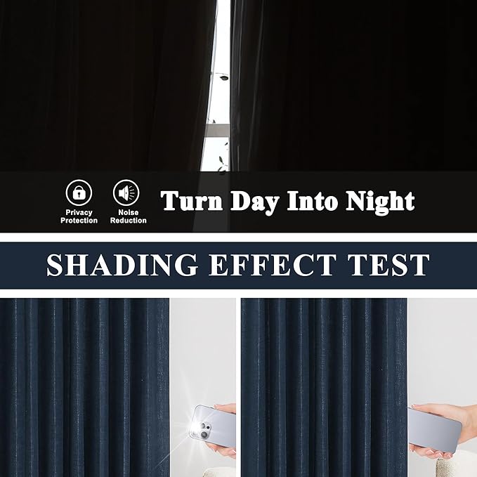 Vision Home Navy Blue Pinch Pleated Full Blackout Curtains Linen Blended Room Darkening Window Curtains 102 inch for Living Room Bedroom Thermal Insulated Pinch Pleat Drapes with Hooks 60" Wx102 Lx1