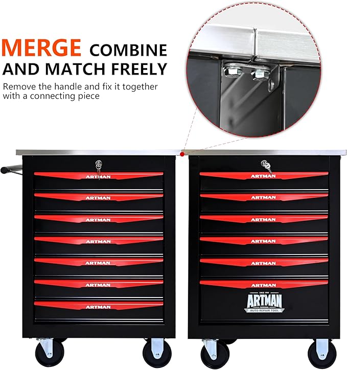 7 Drawers Tool Cart on Wheels with Stainless Steel Worktop, Heavy Duty Mobile Rolling Drawer Tool Chest with Locking Wheels & Lockable Drawers, Garage Tool Storage Cabinet (Black, 7 Drawers)