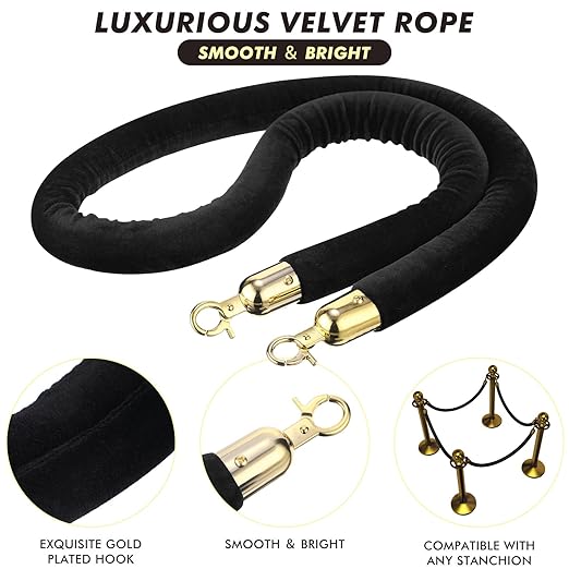 Woanger 6 Pack Velvet Stanchion Rope, 5 Feet Crowd Control Stanchion Ropes Safety Barrier with Gold Plated Hook for Carpet Events Movie Theaters Grand Openings Hotels Party(Black)