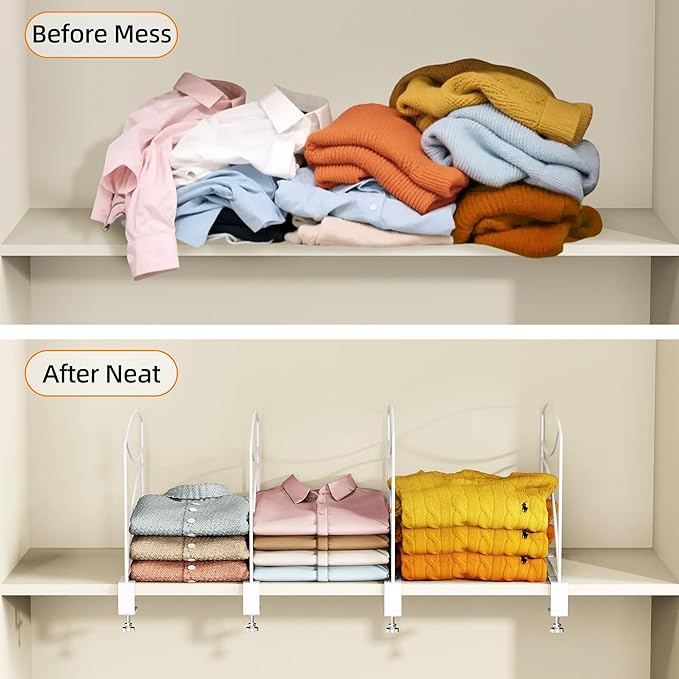 2-Piece Wire Shelf Dividers for Closet Organization, Upgraded C-Clips Adjustable Metal Shelf Dividers Suitable For Bedrooms & Kitchens, Storage Helper for Handbag Sweater Shirt Ankle Boots, White