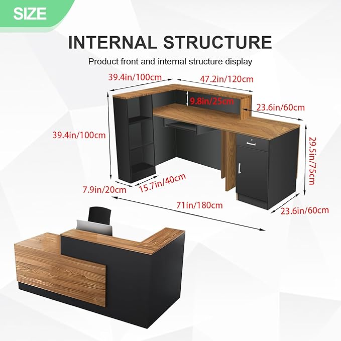L Shaped Reception Desk with Lockable Drawer and Cable Grommets Front Desk Retail Checkout Counter Table for Salon Lobby Shop Office Reception Room Wood and Black Right 71inch/180cm