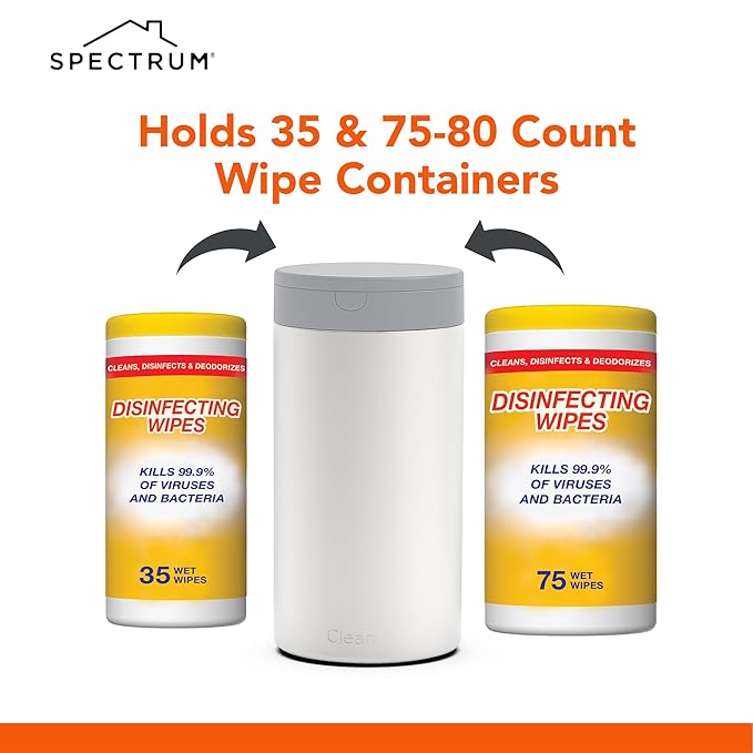 Spectrum Disinfecting Wipes Container White Refillable Stainless Steel Wipe Holder for Bathroom Kitchen School Classroom, Reuseable Push Button Wet Wipe Dispenser for Disinfect Cleaning Countertop