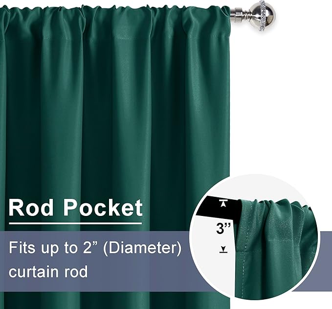 JIUZHEN Forest Green Curtains for Bedroom - Curtain Drapes Set of 2 Panels with Tiebacks, Thermal Blackout Curtains, Room Darkening Rod Pocket Curtains for Dining Room Kids Room, 42 x 72 Inch Length