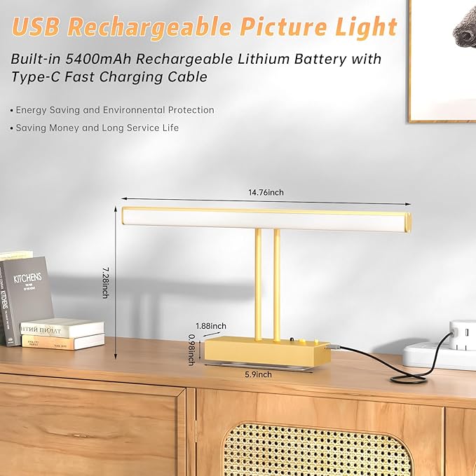 15.35inch Picture Light, Rechargeable Battery Wall Light for Paintings, 3 Colors Paintings Light Dimmable and Timer Metal Art Light for Display, Wall, Artwork, Gallery (Gold)