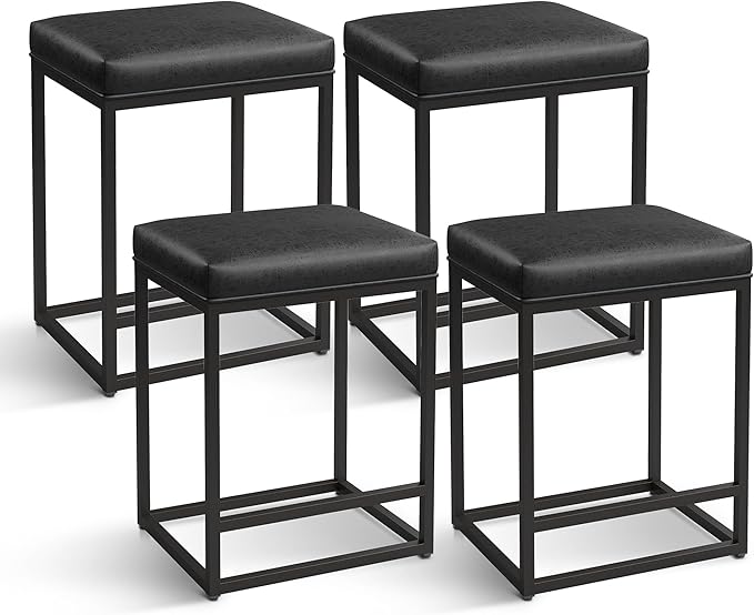 MAISON ARTS Bar stools Set of 4 Black | Counter Height for Kitchen Island | Modern Metal Frame 24" Backless Stools | Faux Leather Upholstered Farmhouse Bar Height Seating