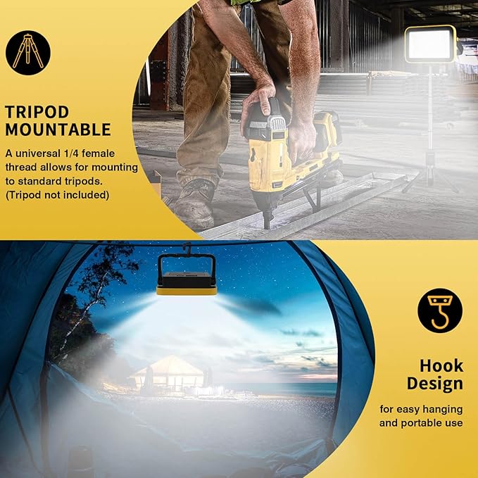 Rechargeable Work Light with Tripod Hole, 40W Portable Flood Light Battery Powered, Waterproof LED Work Lights Cordless Job Site Lighting 180° Rotate for Garage Camping Car Repairing