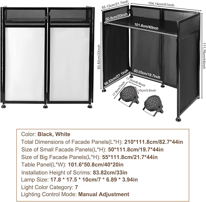 DJ Booth DJ Facade Table Station 82.7x44inch DJ Facade Booth Adjustable Height DJ Stand Foldable Metal Frame DJ Booth Panel DJ Controller Stand with 2LED 7Color Lights 2Scrims and Carrying Bag