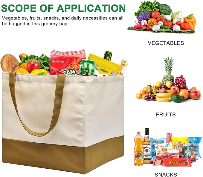 Canvas Reusable Grocery Bags Heavy Duty, 8.3 gal Foldable Large Tote Bag with Handles, Holds 60 lbs Canvas Shopping Bags, 1 Pack