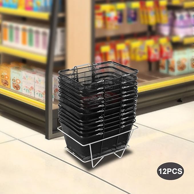 12Pcs Black Metal Shopping Basket with Handles, Portable Wire Shopping Basket, Black Wire Mesh shopping Basket Set for Supermarkets, Retail Stores.