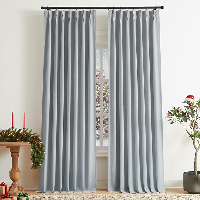 Vision Home Blue Gray Pinch Pleated Full Blackout Curtains Linen Blended Room Darkening Window Curtains 95 inch for Living Room Bedroom Thermal Insulated Pinch Pleat Drapes with Hooks 40" Wx95 Lx2